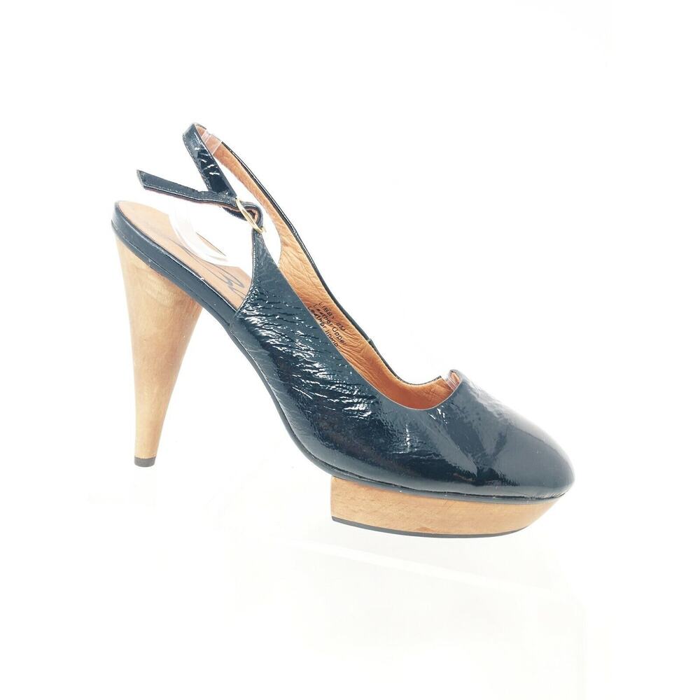 Baci Black Patent Leather Pumps Platforms Wood Heels Round Toe Designer Style 8M